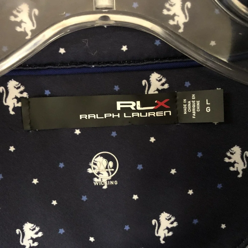 RLX Ralph Lauren Polo Shirt Mens Large Blue Lion Print Golf Performance Wicking